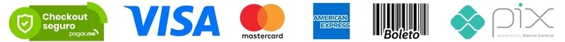 Formas de pagamento: Visa, Mastercard, American Express, Boleto e Pix
